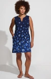 Lands' End Cotton Jersey Notch Neck Dress With Soutache In Deep Sea Navy Abstract Floral