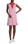 Lands' End Cotton Jersey Notch Neck Dress With Soutache In White/berry Rouge Ditsy Lilies