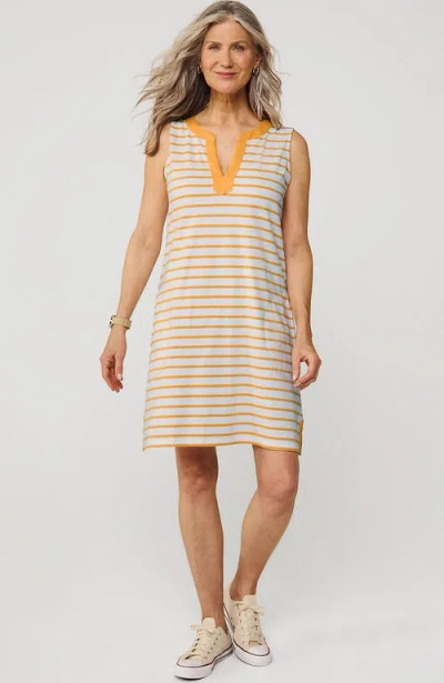 Lands' End Cotton Jersey Notch Neck Dress With Soutache In White/mango Breton Stripe