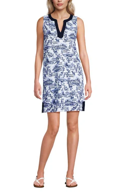 Lands' End Cotton Jersey Notch Neck Dress With Soutache In Blue