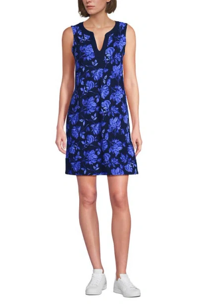Lands' End Cotton Jersey Notch Neck Dress With Soutache In Blue