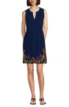 Lands' End Cotton Jersey Notch Neck Dress With Soutache In Deep Sea Garden Floral Border
