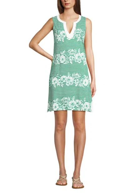 Lands' End Cotton Jersey Notch Neck Dress With Soutache In Vibrant Clover Floral Stripe