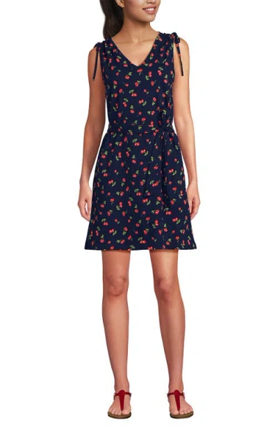 Lands' End Cotton Jersey Shoulder Tie Belted Mini Dress In Blue