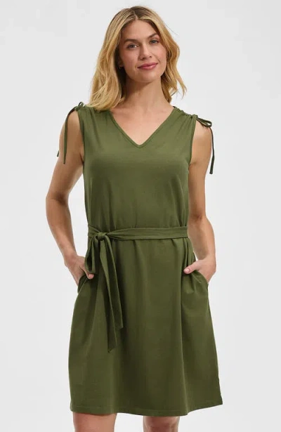 Lands' End Cotton Jersey Shoulder Tie Belted Mini Dress In Green