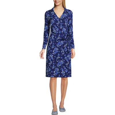 Lands' End Cotton Modal Collared Wrap Dress In Blue