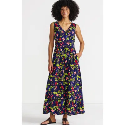 Lands' End Cotton Modal Embellished Trim Maxi Dress In Deep Sea Multi Garden Floral