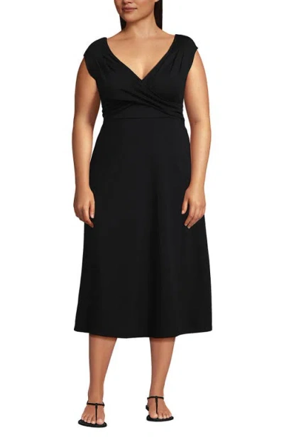 Lands' End Cotton Modal Off The Shoulder Wrap Midi Dress In Black