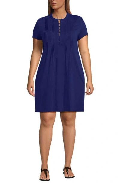 Lands' End Cotton Modal Pintuck Short Sleeve Dress In Blue