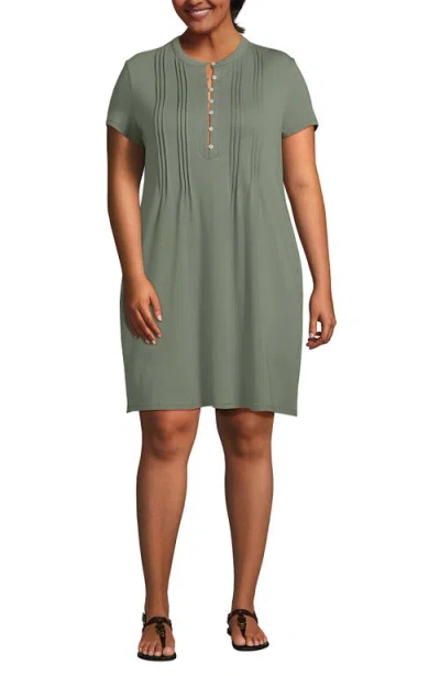 Lands' End Cotton Modal Pintuck Short Sleeve Dress In Green