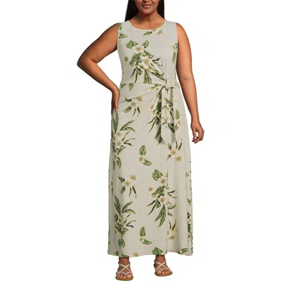 Lands' End Cotton Modal Sleeveless Tie Waist Maxi Dress In Light Stone/cream Plumeria