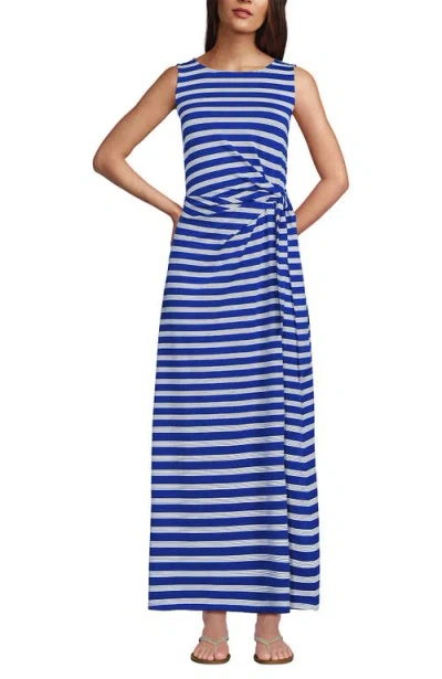 Lands' End Cotton Modal Sleeveless Tie Waist Maxi Dress In Sapphire Gem Blue Quad Stripe