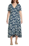 Lands' End Cotton Modal Vneck Wrap Mini Dress In Baltic Teal Pansy Floral