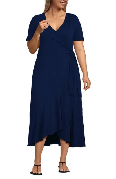 Lands' End Cotton Modal Vneck Wrap Mini Dress In Deep Sea Navy