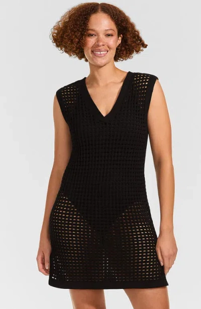Lands' End Cotton Open Knit V-neck Swim Cover-up Dress In Black
