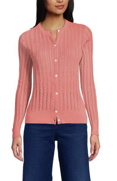 Lands' End Cotton Pointelle Modern Cardigan Sweater In Pink