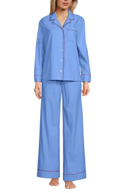 Lands' End Cotton Poplin 2 Piece Pajama Set In Brisk Blue/white