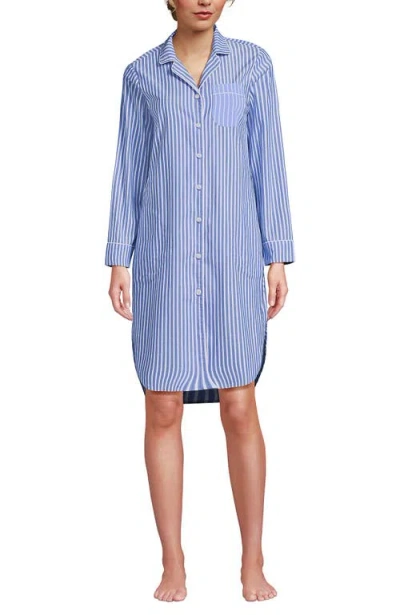 Lands' End Cotton Poplin Long Sleeve Sleepshirt Nightgown In Blue