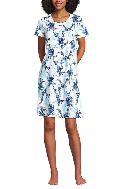 Lands' End Cotton Short Sleeve Knee Length Nightgown In Blue