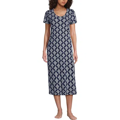 Lands' End Cotton Short Sleeve Midcalf Nightgown In Blue