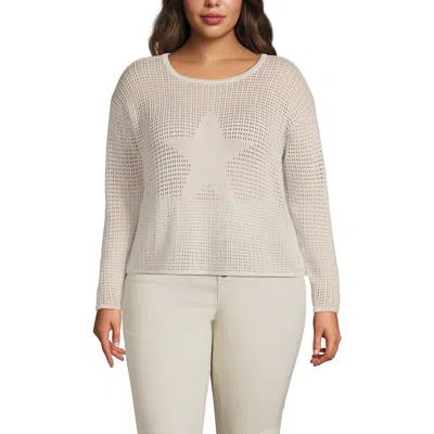 Lands' End Cotton Viscose Mesh Jacquard Crew Neck Sweater In White