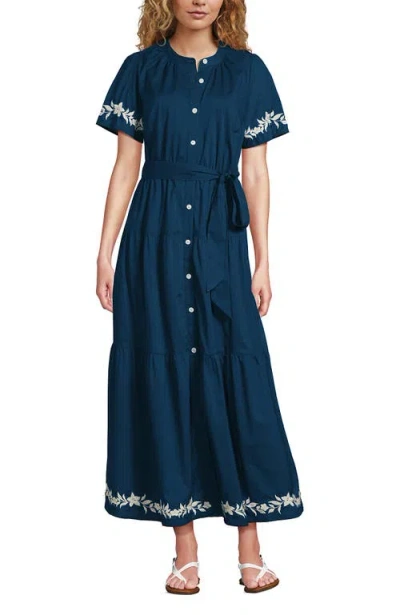 Lands' End Cotton Voile Button Front Maxi Dress In Blue