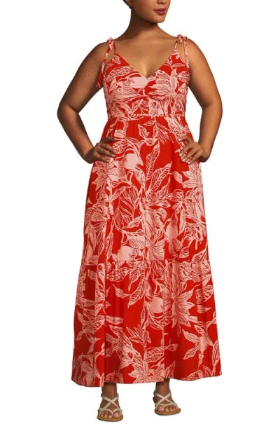 Lands' End Cotton Voile Vneck Tie Strap Maxi Dress In Orange