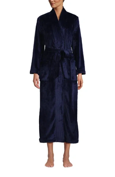 Lands' End Cozy Plush Long Wrap Robe In Deep Sea Navy