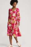 Lands' End Crepe Button Front Long Sleeve Midi Dress In Berry Rouge Lilies