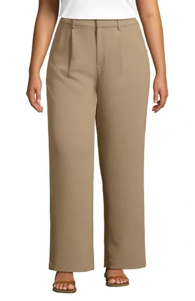 Lands' End Plus Size Crepe High Rise Pleated Wide Leg Pants In Desert Tan