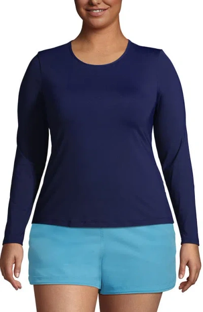 Lands' End Plus Size Crew Neck Long Sleeve Rash Guard Upf 50 Sun Protection Swim Tee In Deep Sea Navy