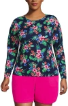 Lands' End Long Sleeve Relaxed Upf 50 Rash Guard In Deep Sea Navy Rosella Floral