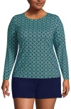 Lands' End Plus Size Crew Neck Long Sleeve Rash Guard Upf 50 Sun Protection Swim Tee In Deep Sea Navy Tile Geos