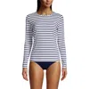 Lands' End Crew Neck Long Sleeve Rash Guard Upf 50 Sun Protection Swim Tee In White/deep Sea Stripe