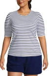 Lands' End Plus Size Crew Neck Rash Guard Upf 50 Swim Tee In White/deep Sea Stripe