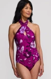 Lands' End Criss Cross Halter Tankini Swimsuit Top In Crimson Rose Abstract Floral