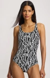 Lands' End D-cup Chlorine Resistant Scoop Neck Soft Cup Tugless Sporty One Piece Swimsuit Print In Black