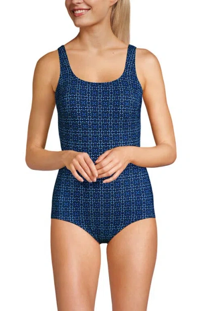 Lands' End D-cup Chlorine Resistant Scoop Neck Soft Cup Tugless Sporty One Piece Swimsuit Print In Blue