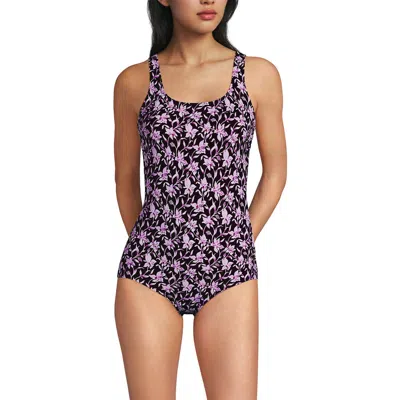Lands' End D-cup Chlorine Resistant Scoop Neck Soft Cup Tugless Sporty One Piece Swimsuit Print In Purple