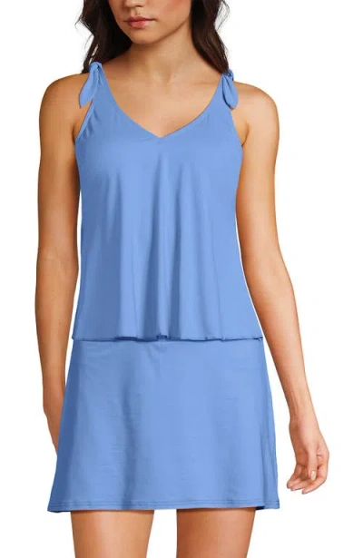 Lands' End D-cup Chlorine Resistant V-neck Shoulder Tie Flutter Tankini Swimsuit Top In Blue