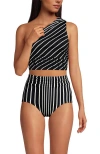 Lands' End D-cup Ruched One Shoulder Tankini Top In Black/egret Variegated Stripe
