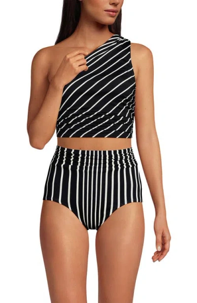 Lands' End D-cup Ruched One Shoulder Tankini Top In Black/egret Variegated Stripe
