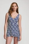 Lands' End Side Tie Mini Swim Dress Swimsuit In Bright Indigo Pansy Floral