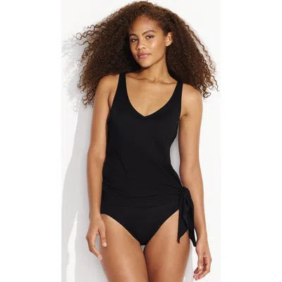 Lands' End D-cup Slender Suit Fauxkini Low Leg One Piece Swimsuit Print In Black