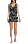 Lands' End Slendersuit V-neck Wrap Swim Dress One Piece Swimsuit Adjustable Straps In Black/egret White Tossed Dots