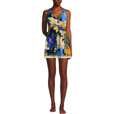 Lands' End D-cup Slender Suit Wrap Swim Dress Swimsuit Print In Navy Floral Blooms Border