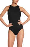 Lands' End D-cup Tugless High Neck Portrait Back One Piece Swimsuit In Black