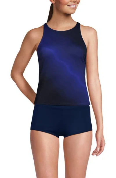Lands' End D-cup Tugless High Neck Strappy Back Tankini Swimsuit Top In Blue