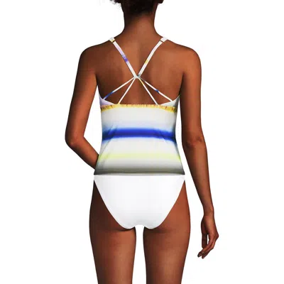 Lands' End D-cup Tugless High Neck Strappy Back Tankini Swimsuit Top In Egret White Multi Ombre Stripe