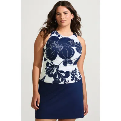 Lands' End D-cup Tugless High Neck Strappy Back Tankini Swimsuit Top In White/navy Lilies Placement